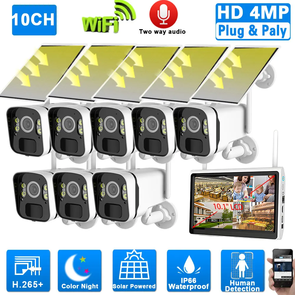 

2 Way Audio 5MP 10CH 10.1 Inch LCD NVR CCTV Kit Outdoor Wateproof Solar Wifi Bullet Camera Security Surveillance System Kit 8CH