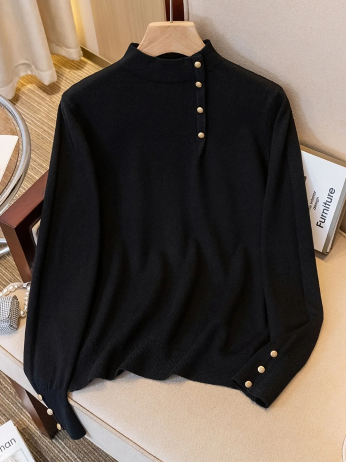 

Elegant Black Half-High Neck Knitted Sweater Women's Spring Large Size Inner Wear Base Shirt Top Outerwear Casual Style