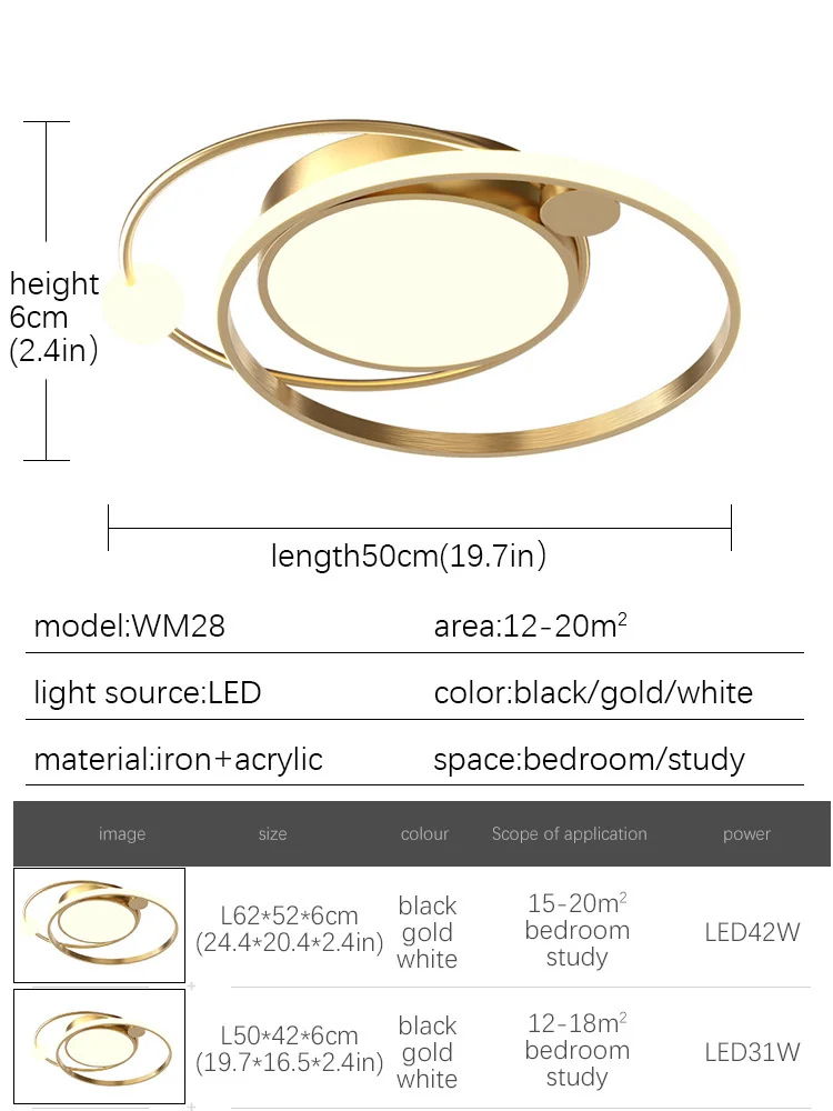 Rodada Ouro LED Lustre com controle remoto, lâmpada do teto para o quarto, sala de estar, cozinha, estudo, moderno, ouro, design simples, novo