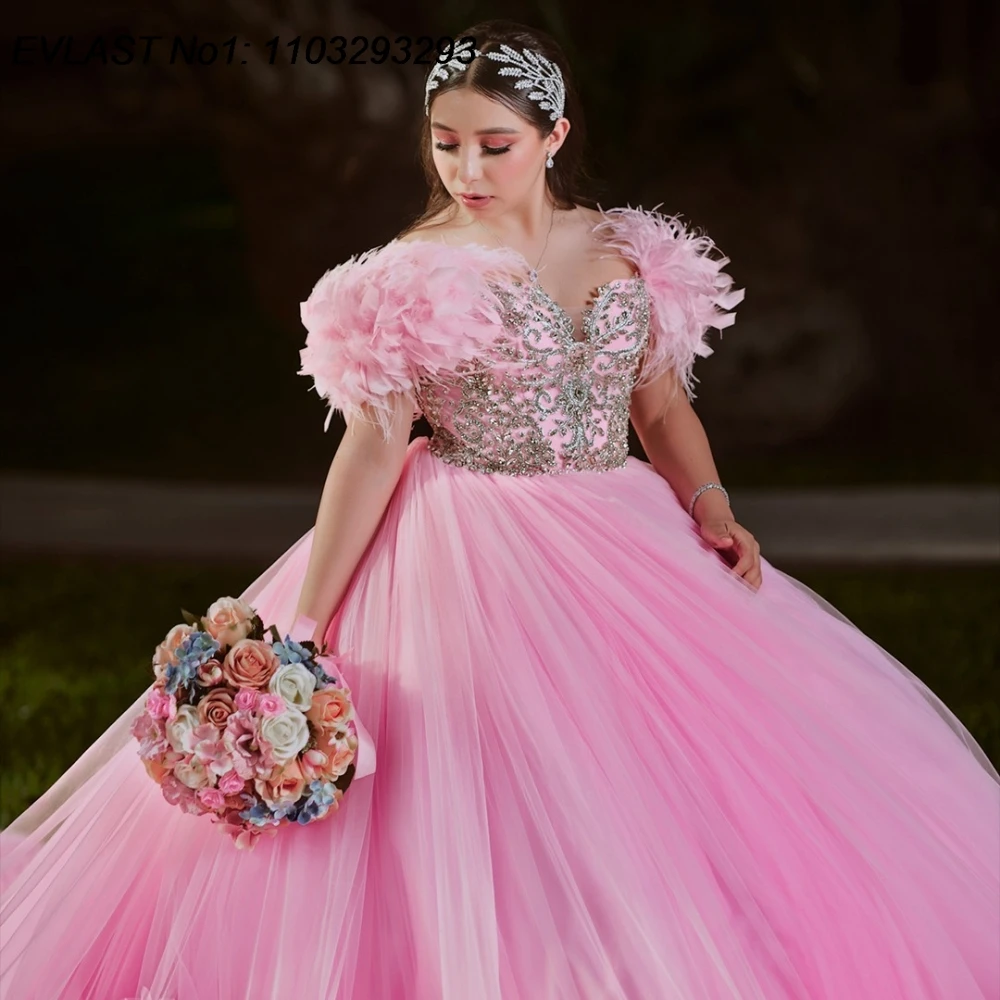 EVLAST personalizado 2025 Vestido De quinceañera rosa Vestido De baile apliques con cuentas De cristal volantes tren dulce 16 Vestido De 15 Anos E1Q66