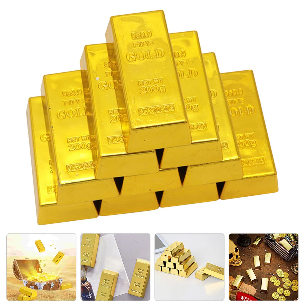 10 Pcs Plastic Simulation Gold Bar Game Props Toy Bullion Hollow Artificial Fake Bricks Decor for Children