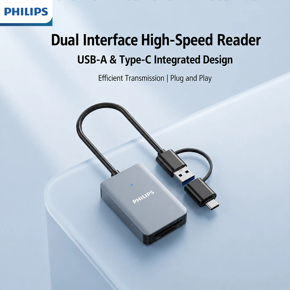 Philips Dual Slot Card Reader USB 3.2 High Speed USB&Type-C OTG Adapter Simultaneous Read SD TF Card For Mobile Computer Camera