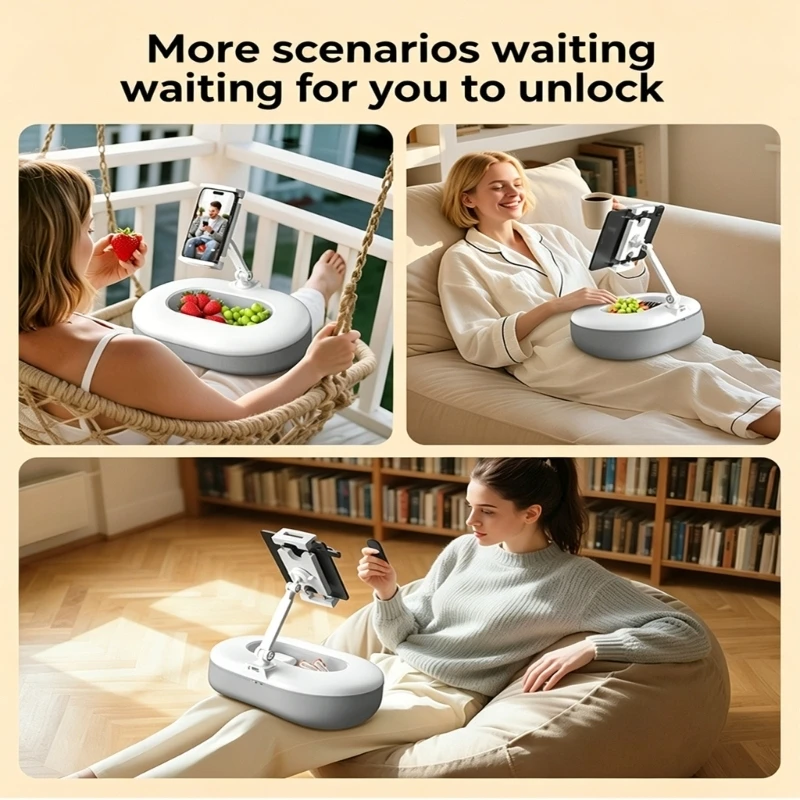 D5BB Foldable Phone Stand With Adjustable Arms And Detachable Snacks Bowl For Bed Sofa Or Outdoor Movie Watching