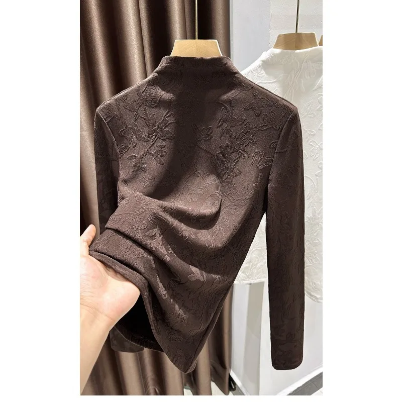 Jacquard Long-sleeved Bottoming Shirt for Women in Autumn Half Turtleneck Temperament Inner T-shirt Slim Fit and Versatile Top