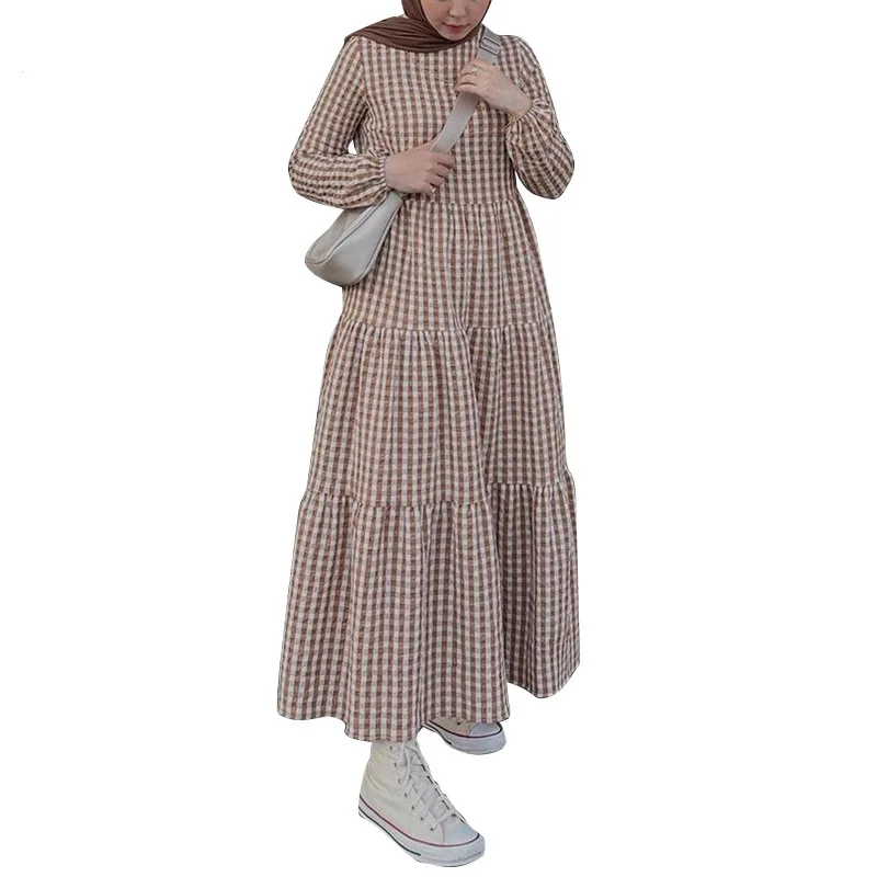 

Vintage Muslim Sets Middle Eastern Plaid Long Sleeve Dress with Loose Waist Robe Abaya for Women Vestidos Elegantes Para Mujer