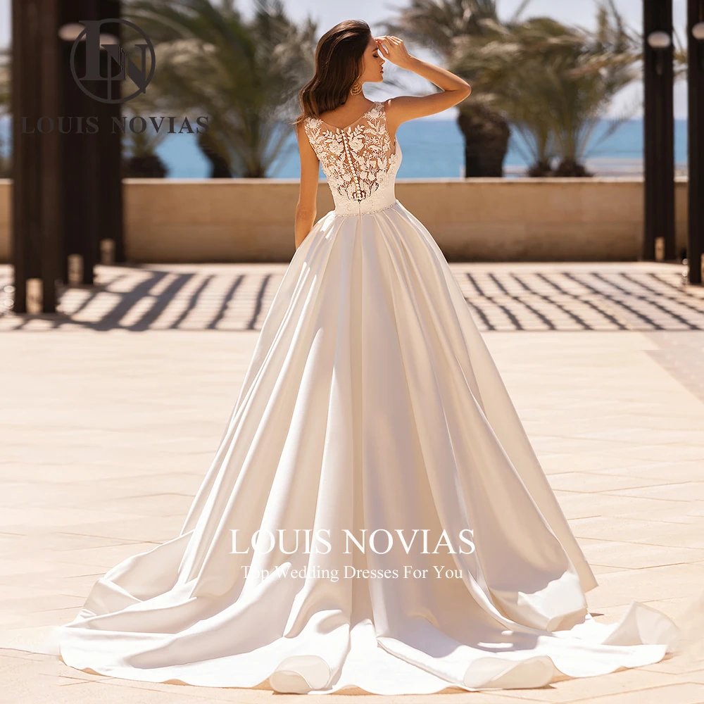 LOUIS NOVIAS-Vestidos de casamento sem mangas de cetim para mulheres, apliques vintage, botão, vestido princesa noiva, 2024