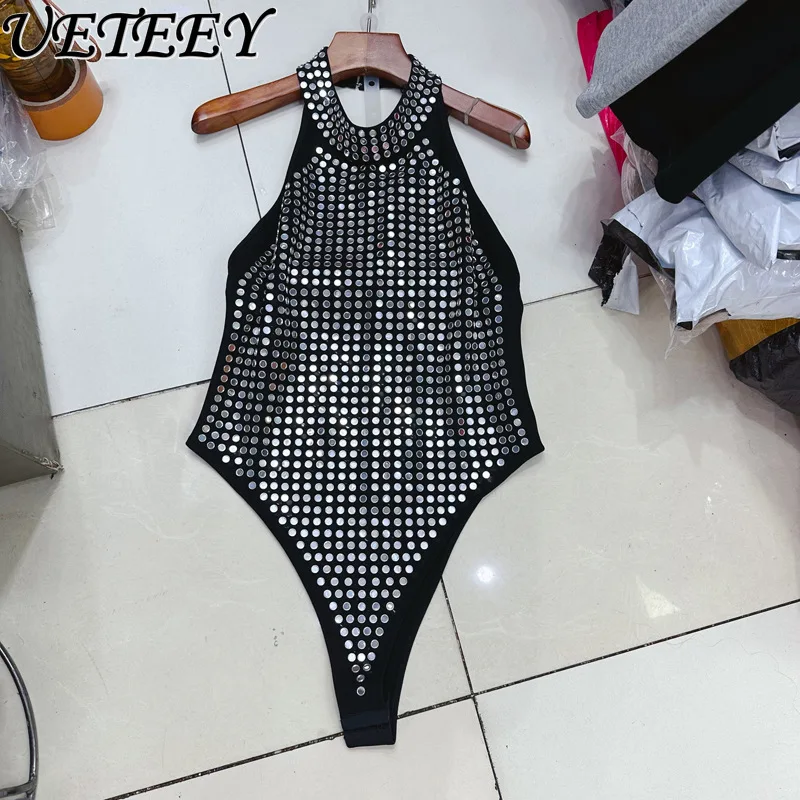 

Light Luxury Retro Silver Hot Diamond Primer Sleeveless Rompers Bodysuits Black Premium Sexy Neck Halter Vest Jumpsuit for Women