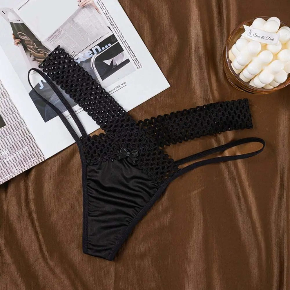 أزياء منخفضة الخصر الجوف خارج سيور Bowknot السروال الحرير الحرير سراويل رقيقة النمط الفرنسي المرأة شبكة ملخصات سيدة #4