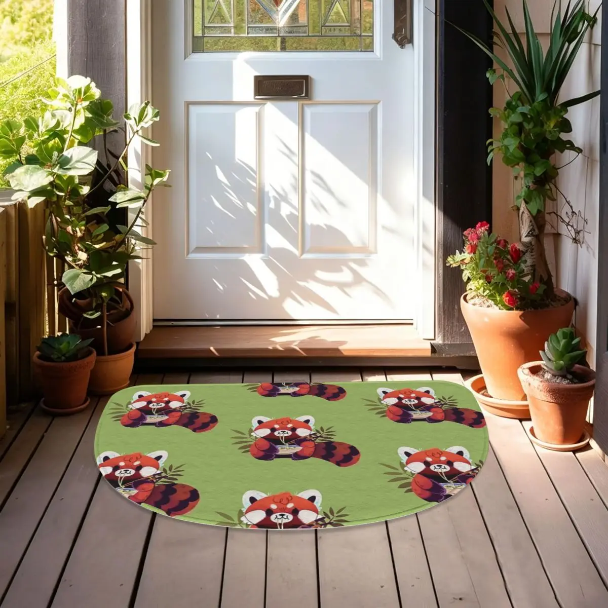 Red Panda Eating Ramen Soft Flannel Half Round Doormat Non Slip Bathroom Mat Absorbent Floor Carpet for Garage