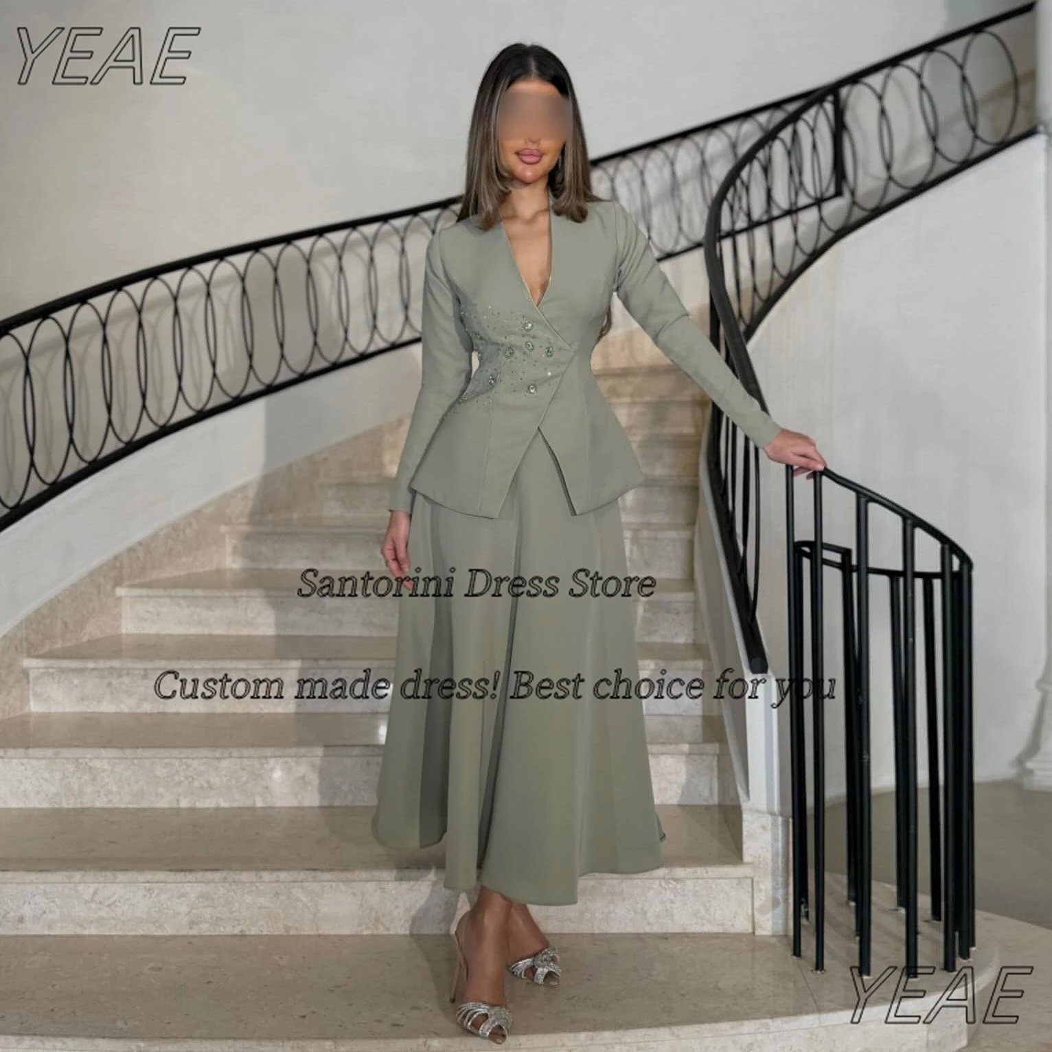 Санторини, платья для выпускного вечера с V-образным вырезом и длинными рукавами из бисера, вечерние платья до щиколотки, вечернее платье из двух частей по индивидуальному заказу