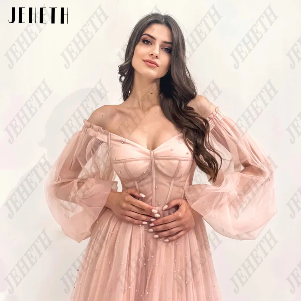 Jeheth robe de soirée élégante pour les femmes doux manches moelleuses Rose tulle perles a Tong Guitar Hcondamned-Robe de Soirée à Manches Bouffantes pour Femme, Tulle Rose, Perles, Ligne A, Longueur au Sol, Mode, 2023