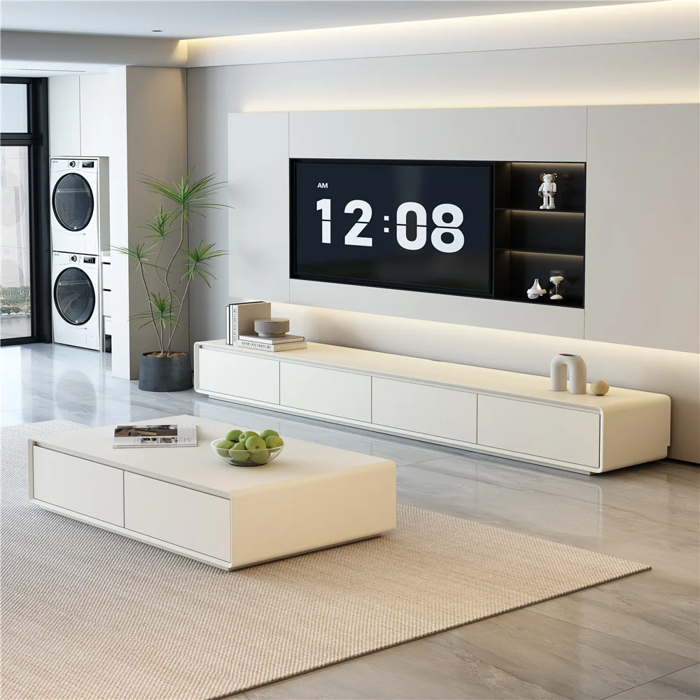 Cream wind TV cabinet coffee table combination modern simple solid wood rounded corner living room household floor video