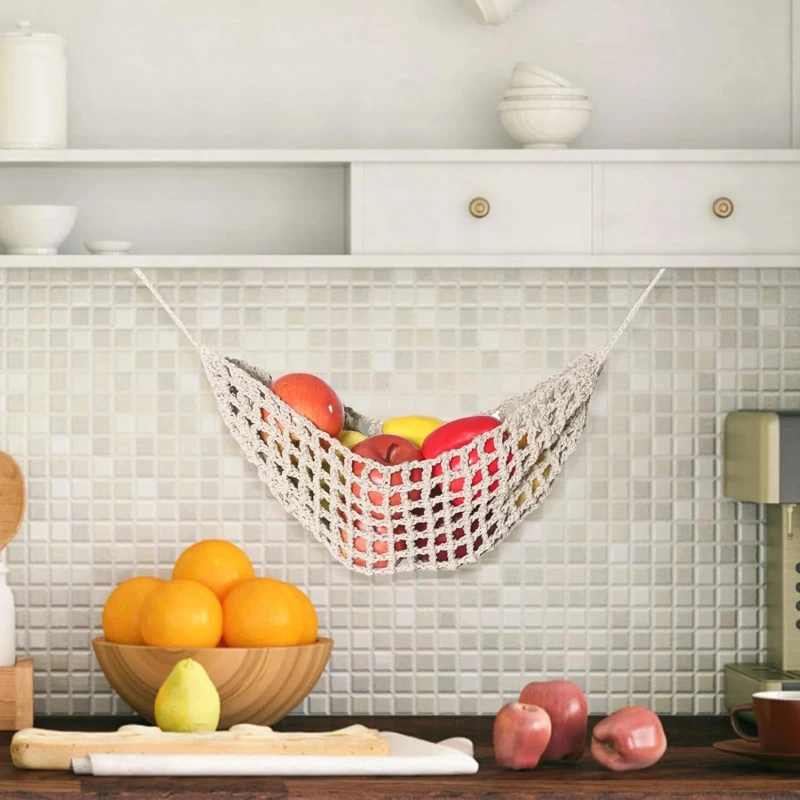 Macrame Handwoven Fruit Hammock Banana Holder Boho Cotton Rope Hanging Net Basket Home Kitchen Under Cabinet