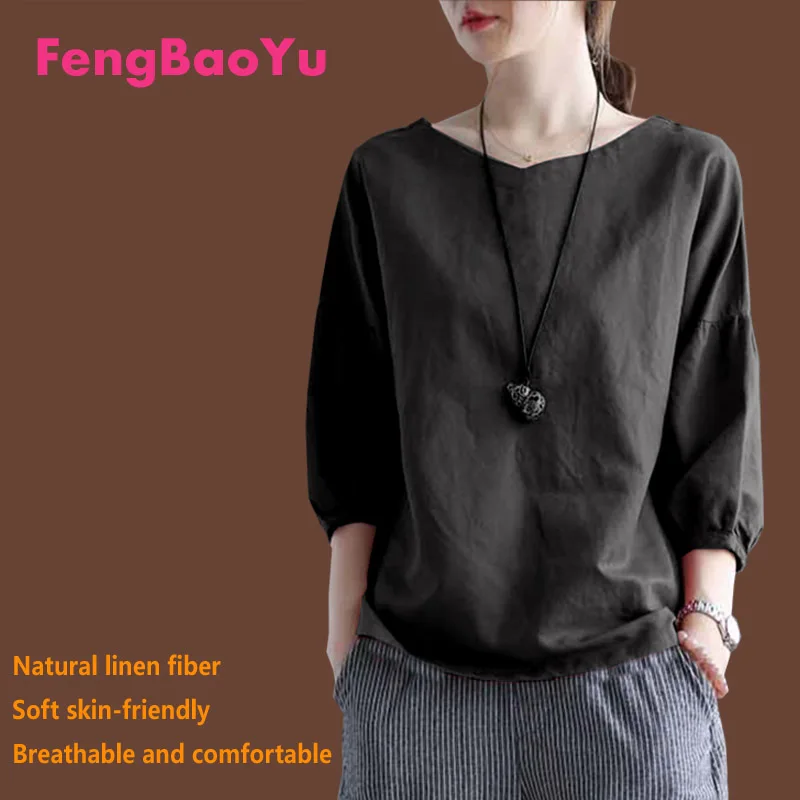 Fengbaoyu Flax Spring and Autumn Lady's Seven-sleeve V-collar Shirt Generous T-shirt Plus Size 5XL Women Clothing Free Shipping