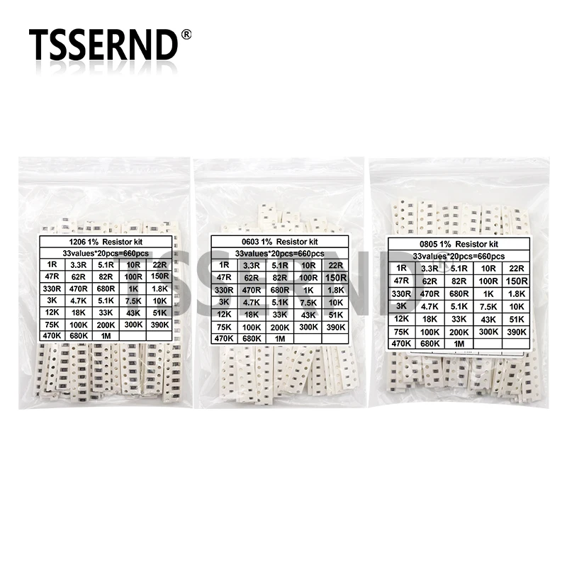 1206 0805 0603 0402 0201 SMD Resistor Sample Assorted Kit 1Ohm-1M ohm 1% 33valuesX 20pcs=660pcs