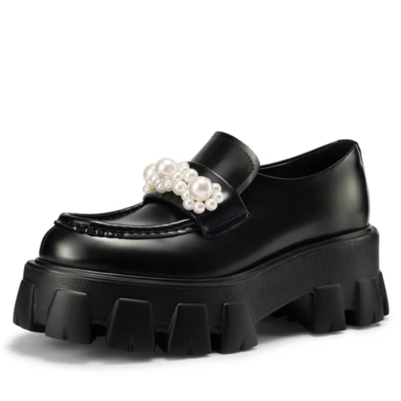 

Pearl String of Beads Loafers Shoes for Women's Thick Soled Height Increasing Shoes Fashionable Thick Heeled Small Leather Shoes