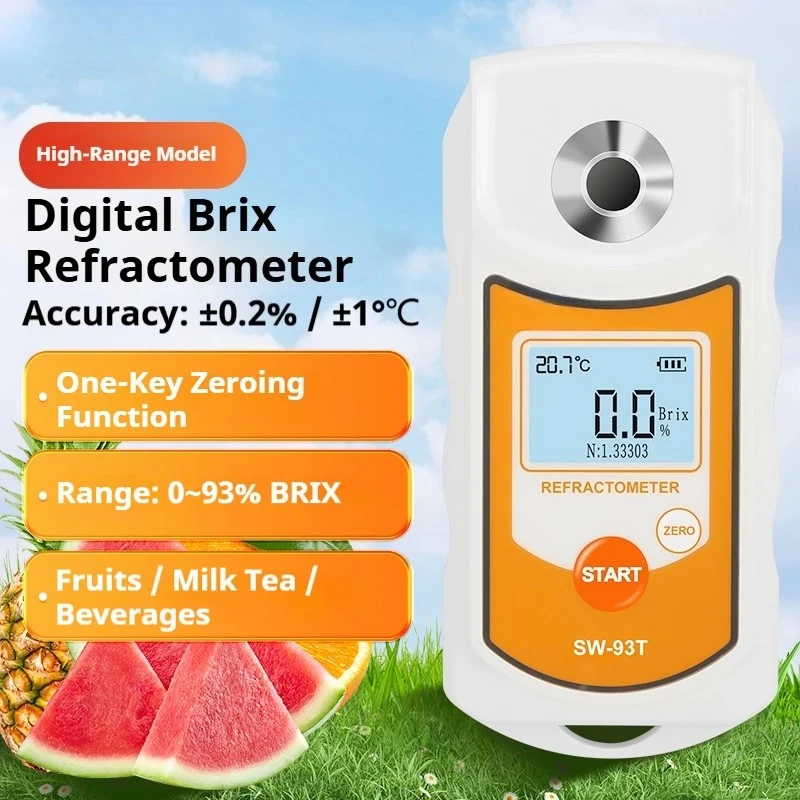 SW93T LCD Digital Refractometer Brix Meter Fruit Juice Beverage ATC Sugar Content Measuring Instrument 0-93% Saccharometer