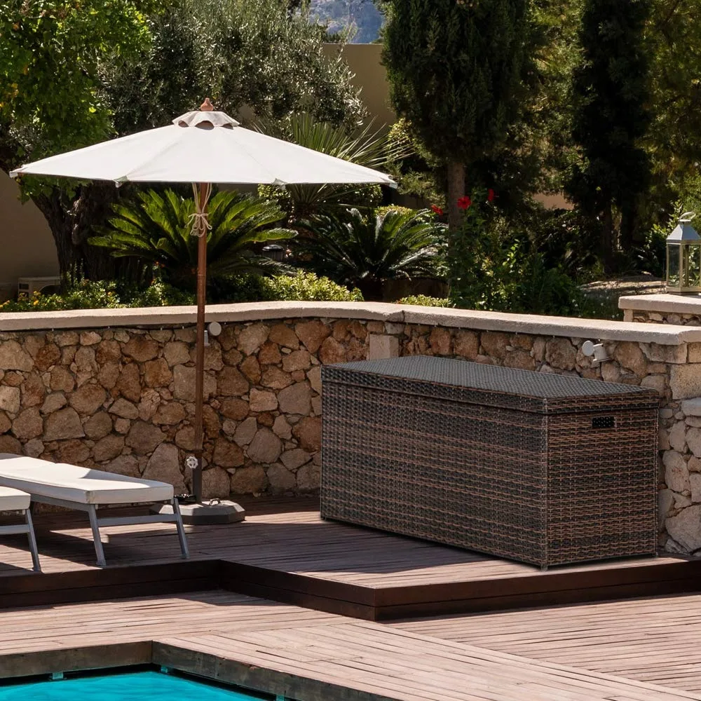 

Outdoor Wicker Patio Furniture Deck Storage Box, 132-Gal Rattan Pool Storage Box with Lid, Garden Deck Bin Storage Bench Deck
