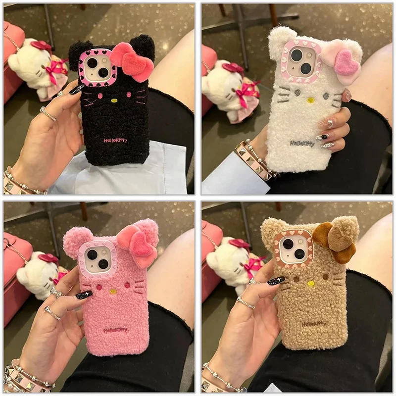 Kawaii Hellokittys Cartoon Fur Phone Case iphone 12 13 14 15 Pro Max Cute Autumn Winter Cute Warm Shockproof Back Cover Sanrio