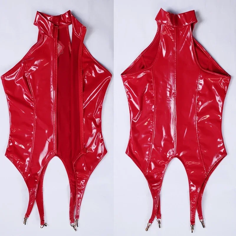 Sexy Wetlook Faux Latex Uniform Cosplay Women 4pic Suit Shiny Patent Leather Exotic Lingerie Costume Maid Servant Fetish Custom