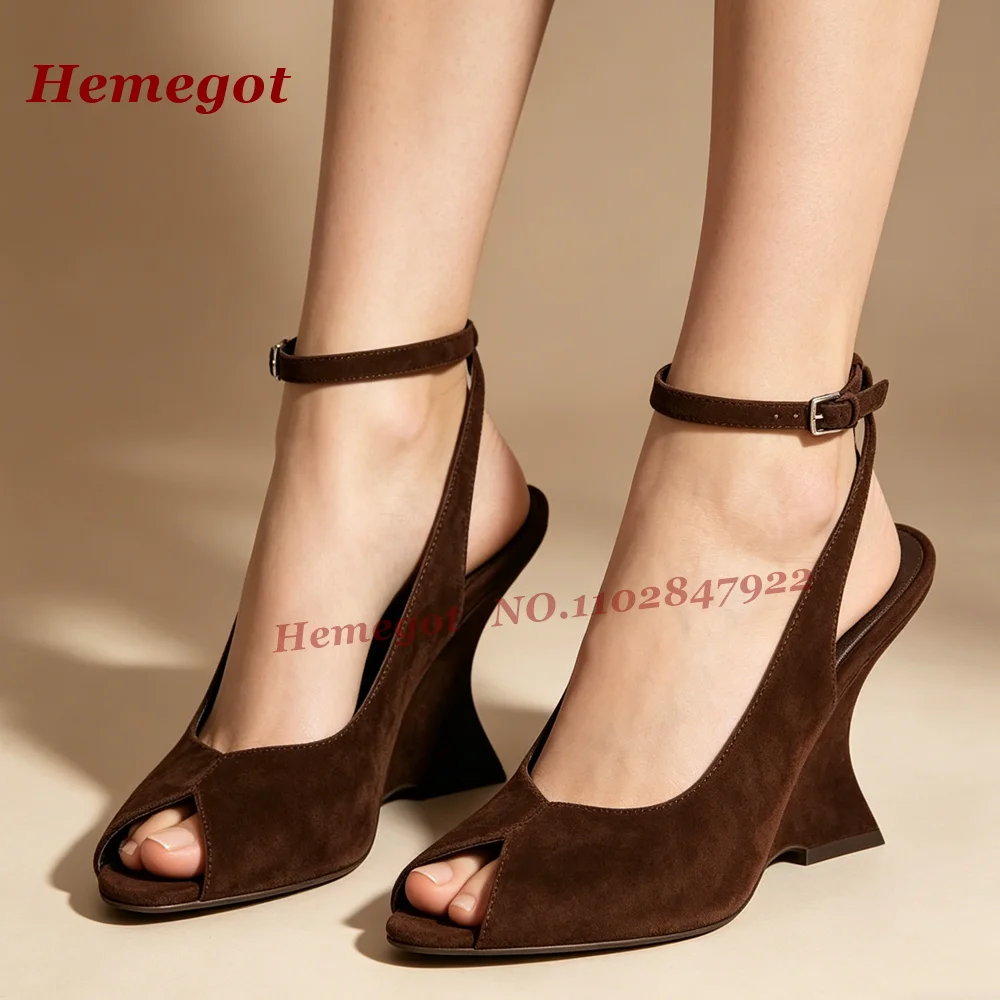 Brown Suede Peep Toe Wedge Pumps Strange Style Ankle Strap Slingback Women's Pumps Buckled Elegant Casual Dress Shoes Luxury