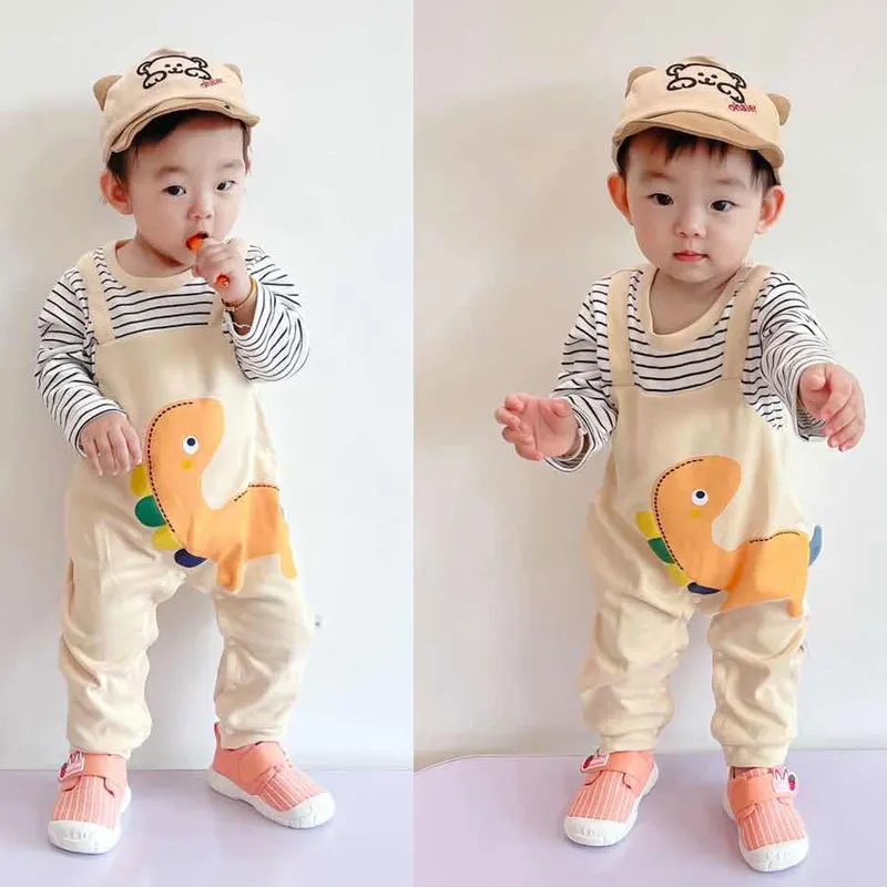 2024 Autumn Baby Clothes Newborn Jumpsuit Infant Boys False 2 Pcs Stripe Patchwork Romper Toddler Cartoon Dinosaur One Piece