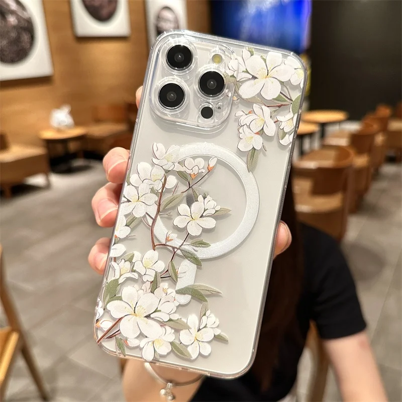 Transparent With Magsafe Magnetic Flower Branch Case For iPhone 17 16 13 12 14 15 11 Pro Max Plus Wireless Charge Cover Funda