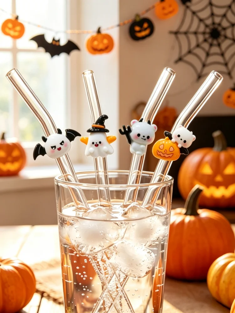 4PCS Halloween Glass Straw with Spooky Devil Decor, Multi-Holiday Table Ornament for All Drinks & Parties