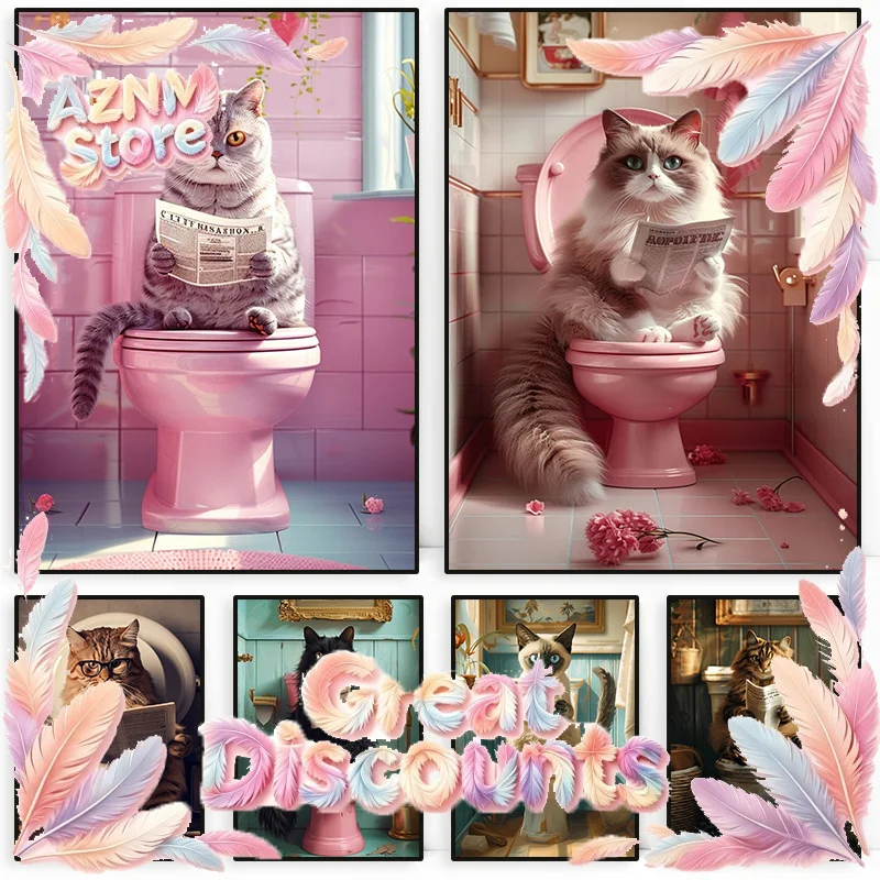 2026 Animal on The Toilet and Reading Newspaper Poster Funny Cute Cat Bathroom Canvas Painting Wall Art for Room Lavatory Home 