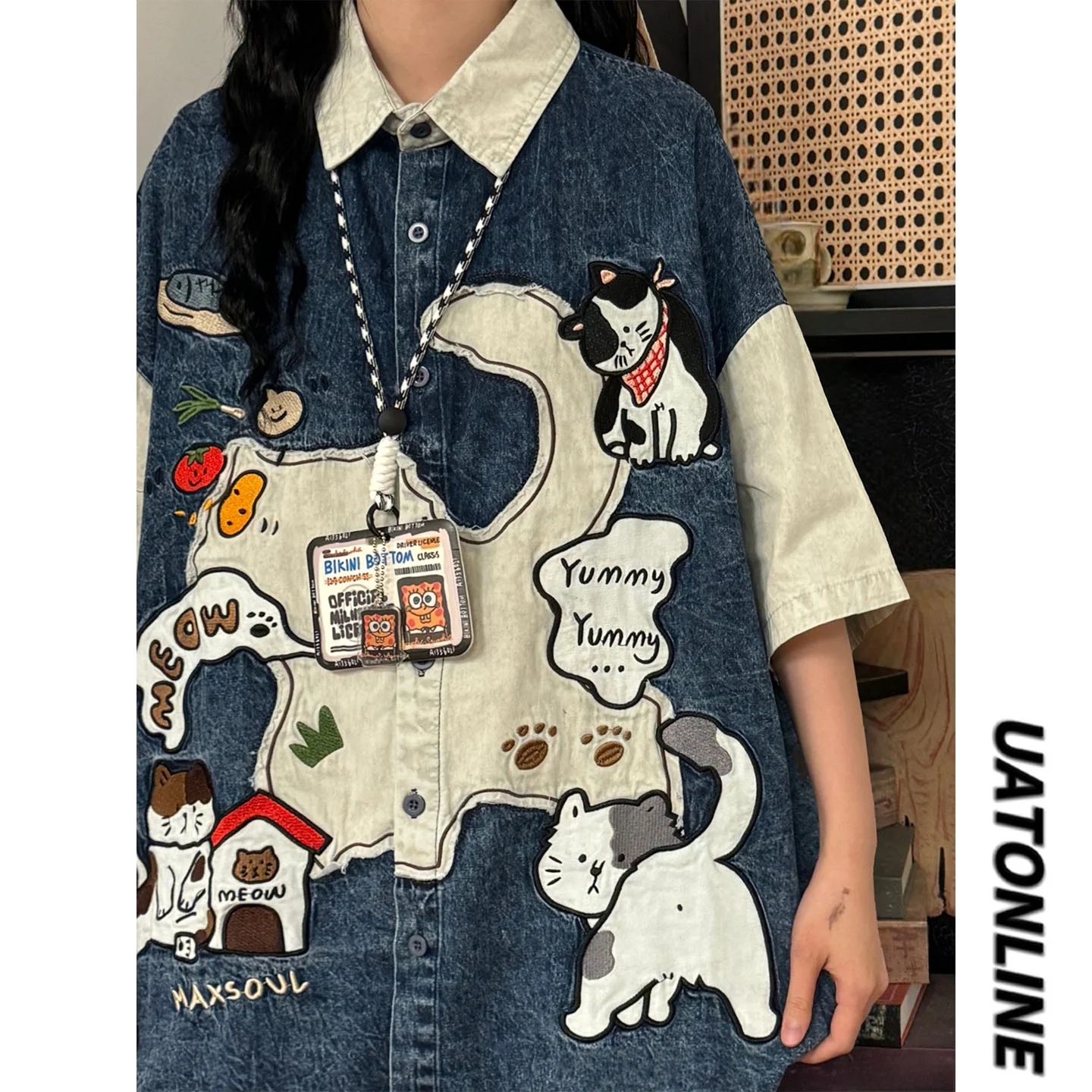 

UATONLINE2026 Summer American Retro Fun Embroidery Color Block Denim Short Sleeve Women's Shirt Loose Fit Breathable Casu...