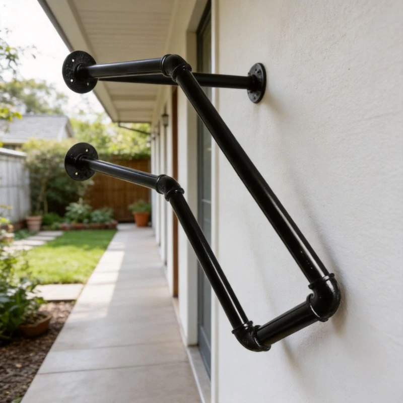 

American Style Water Pipe Freestanding Stair Handrails 150kg Maximum Load Black for Home & Hotel Security Decorative Railing
