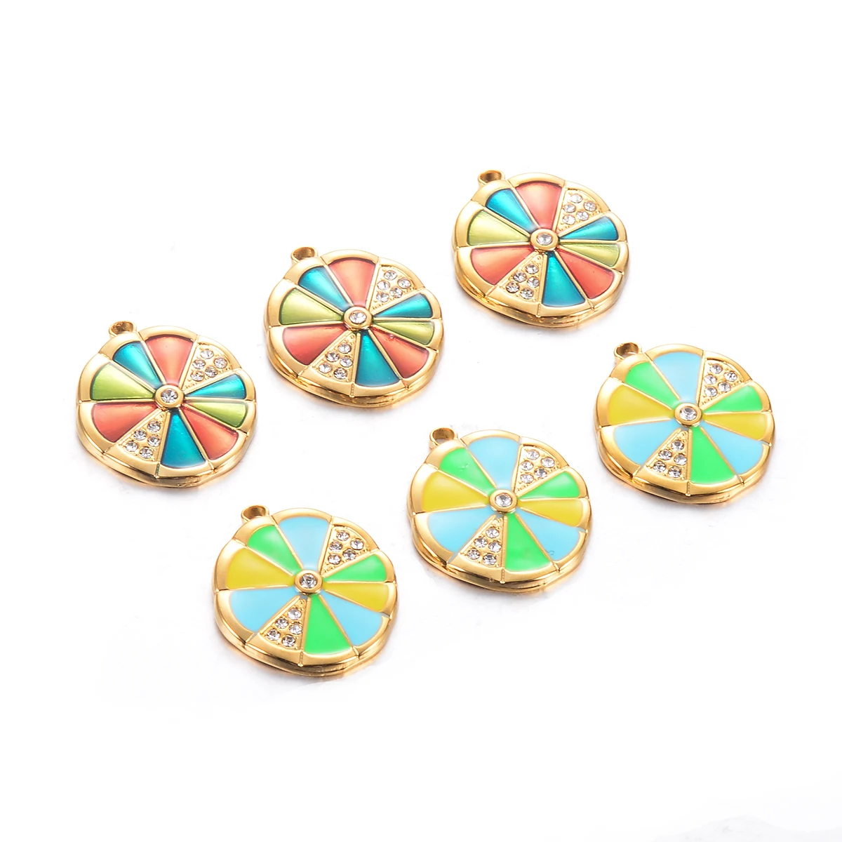 5Pcs/lot Rhinestone Round Charm Stainless Steel Colorful Enemal Circle Pendant for DIY Necklace Making Supplies Wholesale