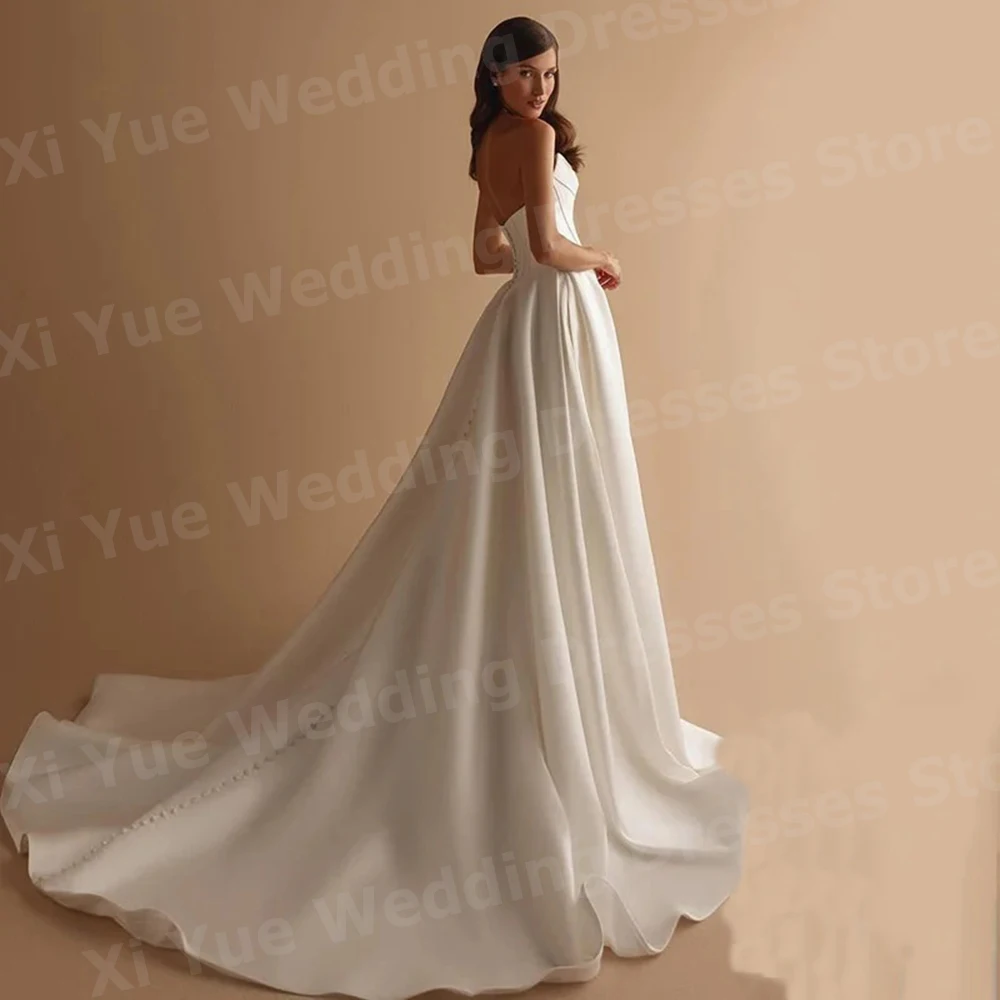 2025 Simple A Line Women's Wedding Dresses Strapless Satin Vestido De Novia Bride Gowns Customized Sleeveless Backless Vestido