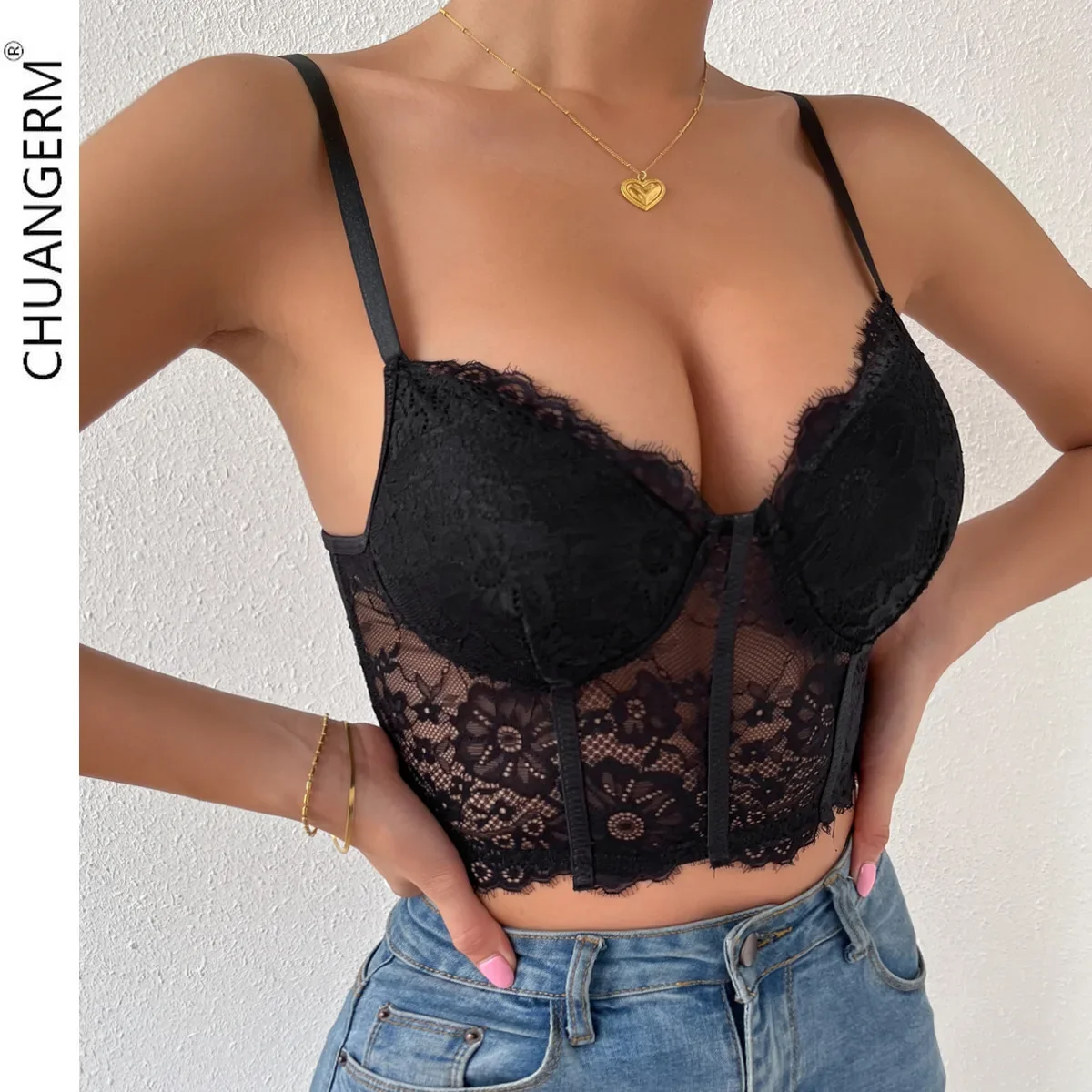 

CHUANGERM Sexy Lace Hollowing Mesh See Through Slim Backless Halter Corset Crop Top Spaghetti Strap Sheer Embroidery Camisole