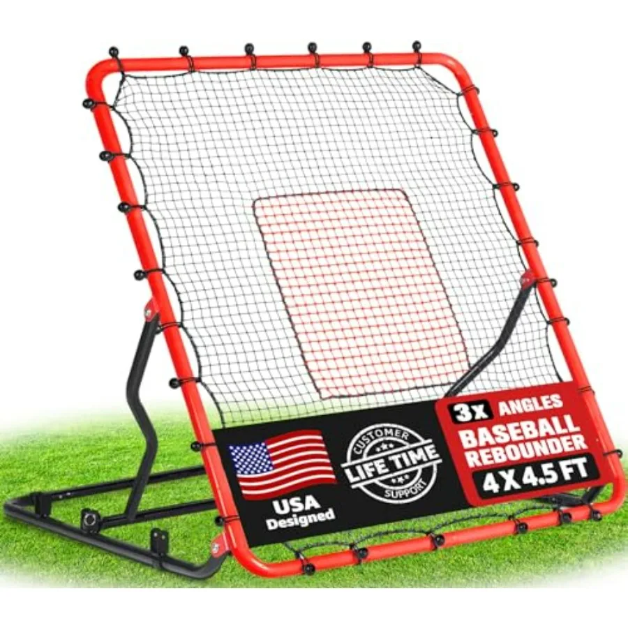 

Baseball Rebounder Net 3/5 Adjustable Angles 4x4.5FT Pitch Back Baseball Softball Volleyball Rebounder with 2 Strike Zones UV R