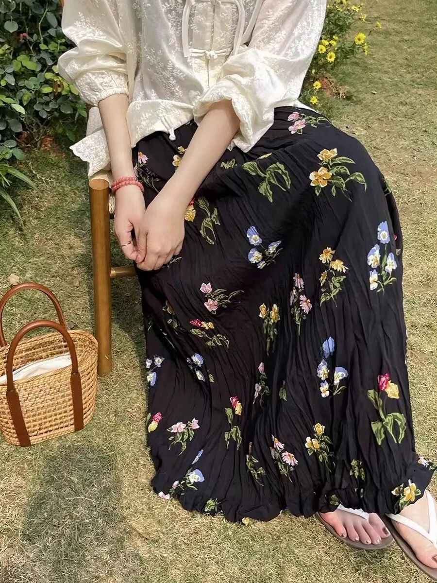 

plus Size A-Line Midi Skirt Floral Print High Waist Conceal Meat Long Summer Skirts Women's Loose Korean Sle Casual Skirts