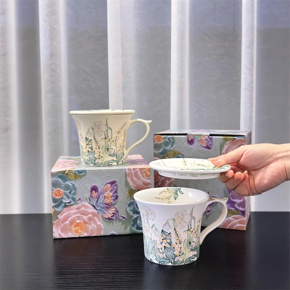 Flourishing Floral Ceramic Mug With Lid Vintage Office Home Tea Cup Ceramic Coffee Mug Birthday Gift And Souvenir Gift Box Set