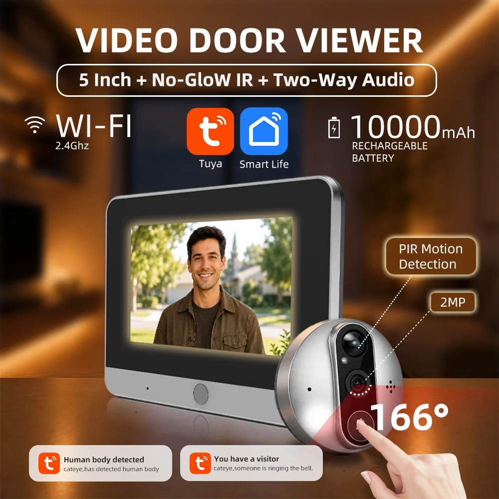 Works 3-4Months Tuya Smart 5Inch Screen 10000mAh Battery Peephole Doorbell Digital Door View Camera for Home Apartment Security