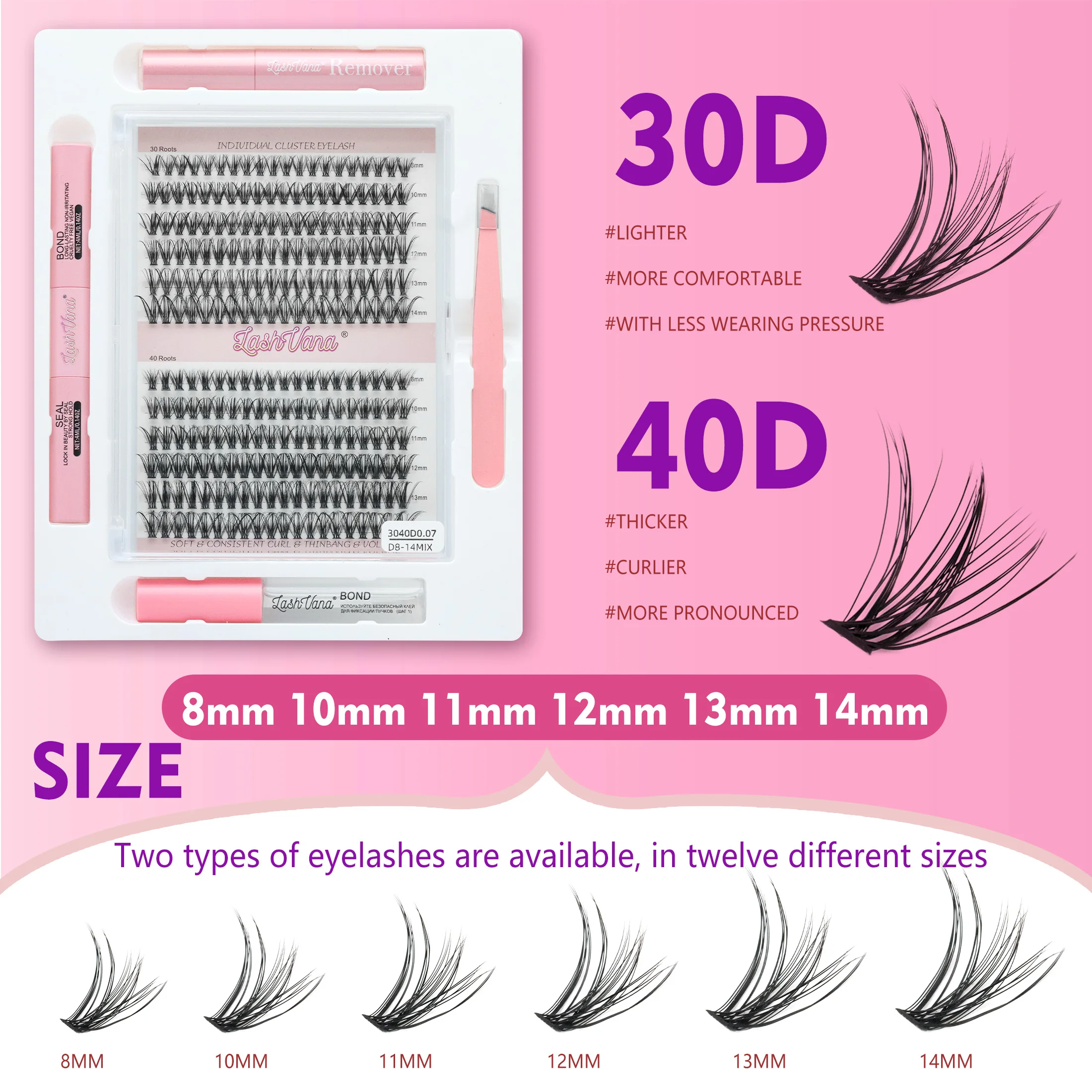 8-in-1-Set für künstliche Wimpern, bestehend aus 30D- und 40D-Wimpern, 8–14 mm Länge/Paar Bindekleber/Wimpernversiegelung/Pinzette/Bürste