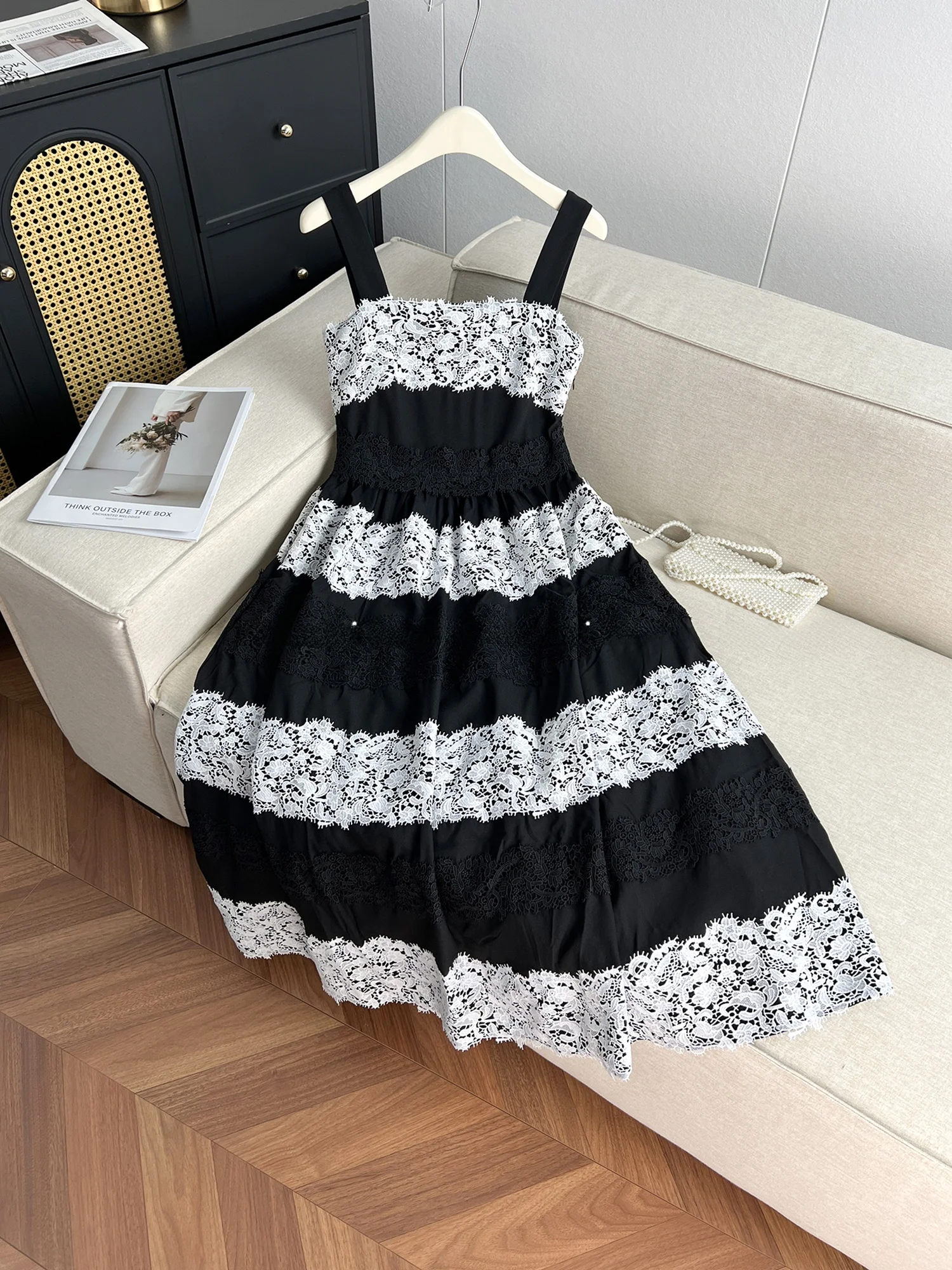 

Ele Lace Splice Long Dr Women's Summer New Sle Design Sense oulder Strap Gown Retro High Waist A-Line Skirt Dr
