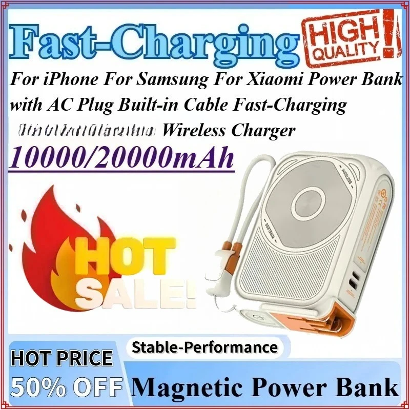 10/20Ah Power Bank with AC Plug Built-in Cable Fast-Charging for MagSafe for Magnetic Wireless Charger For iPhone For Samsung