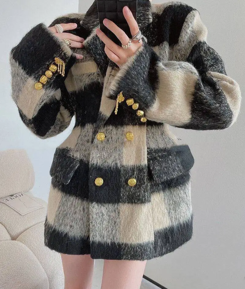 

Шерстяные пальто, женское шерстяное пальто, утепленное клетчатое осеннее парчовое пальто с тисненым воротником, шикарное ретро-стиль, банкетные, красивые клубные, мягкие