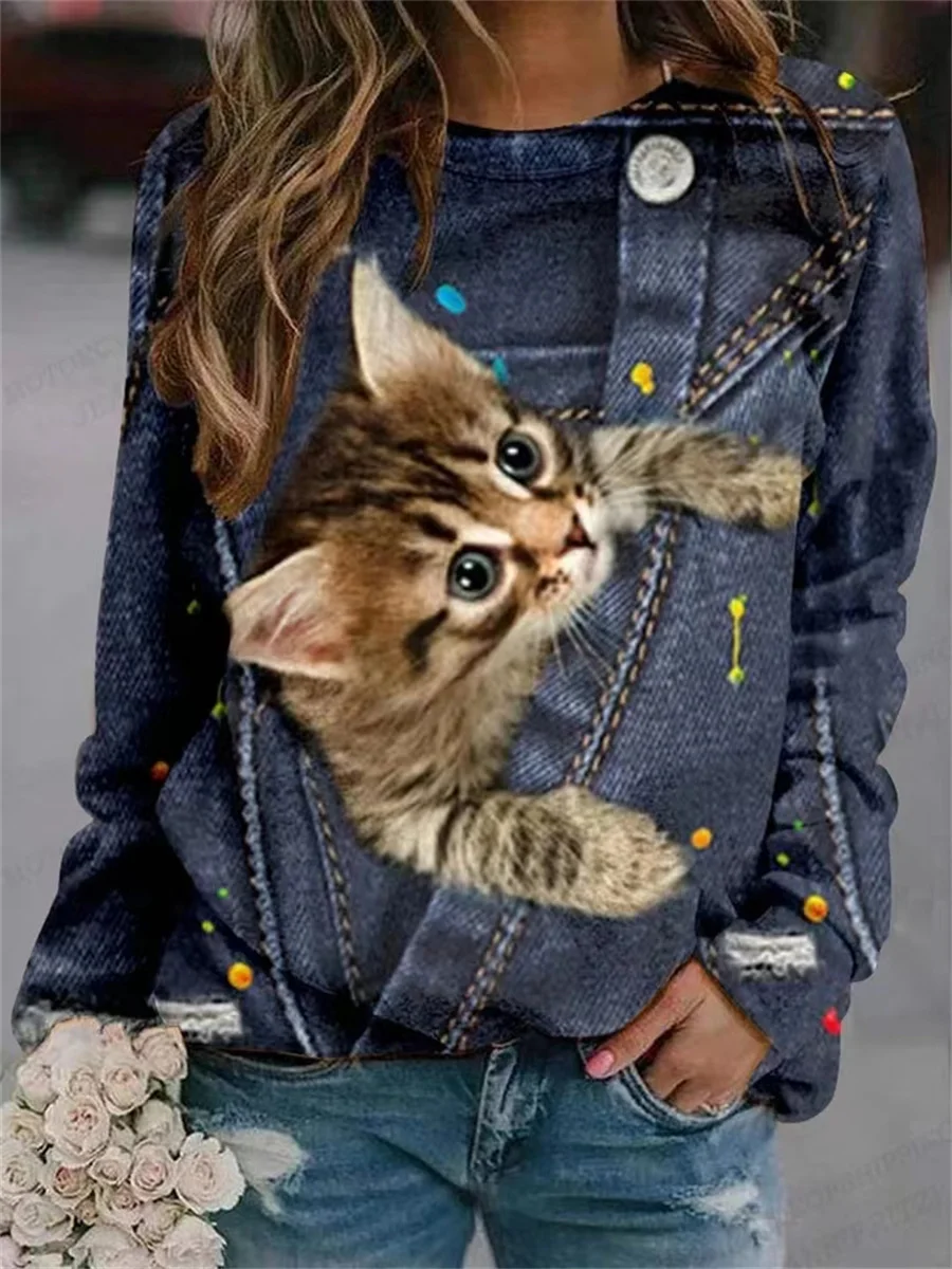 2023 Women’s Cute Kitten Series Fashionable, Comfortable and Soft Printed Large Size Round Neck Pullover Sweatshirt