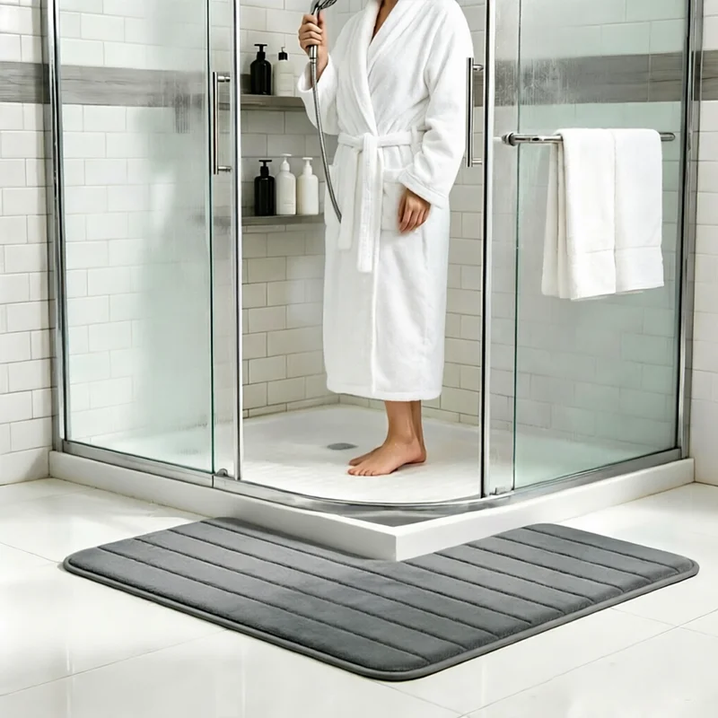 1 Stück L-förmige, rutschfeste und saugfähige Badematte, dicke, schnell trocknende Fußmatte aus Korallenfleece, mit horizontalen Streifen geprägtes Design, geeignet für Hotels, Gästehäuser und den privaten Gebrauch, rutschfester und schmutzabweisender Teppich für den Duschbereich im Badezimmer. – Detail 9