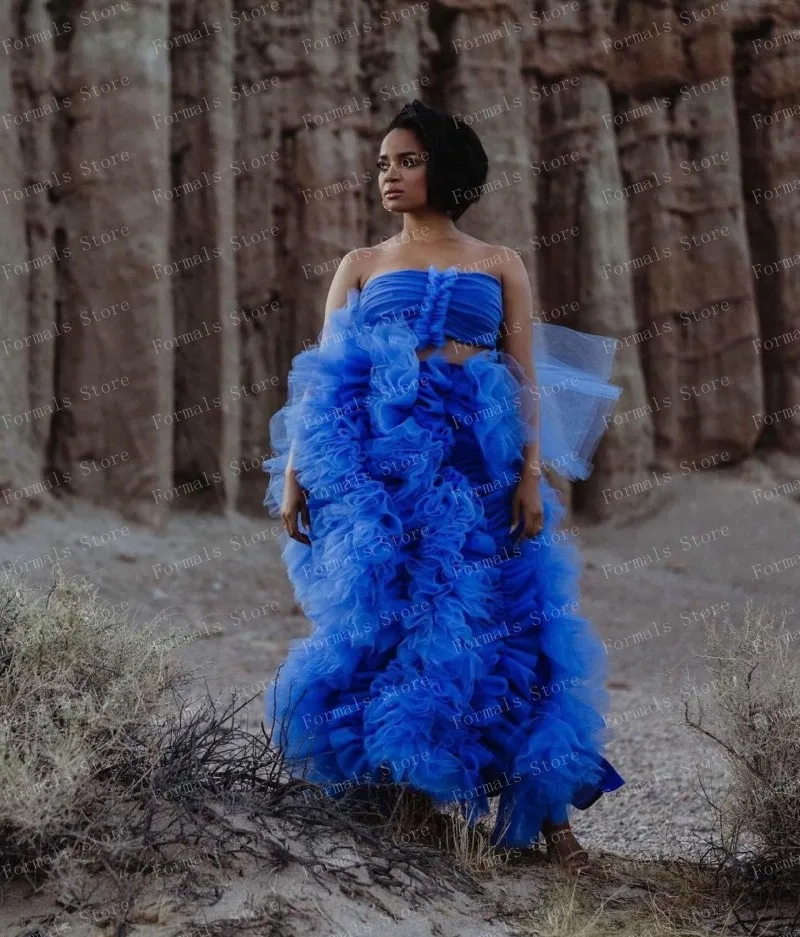 Royal Blue Two Piece Ruffled Tulle Ball Gown Layered Fluffy Floor Length Evening Dresses Open Back Folds Prom Dress Ever Pretty