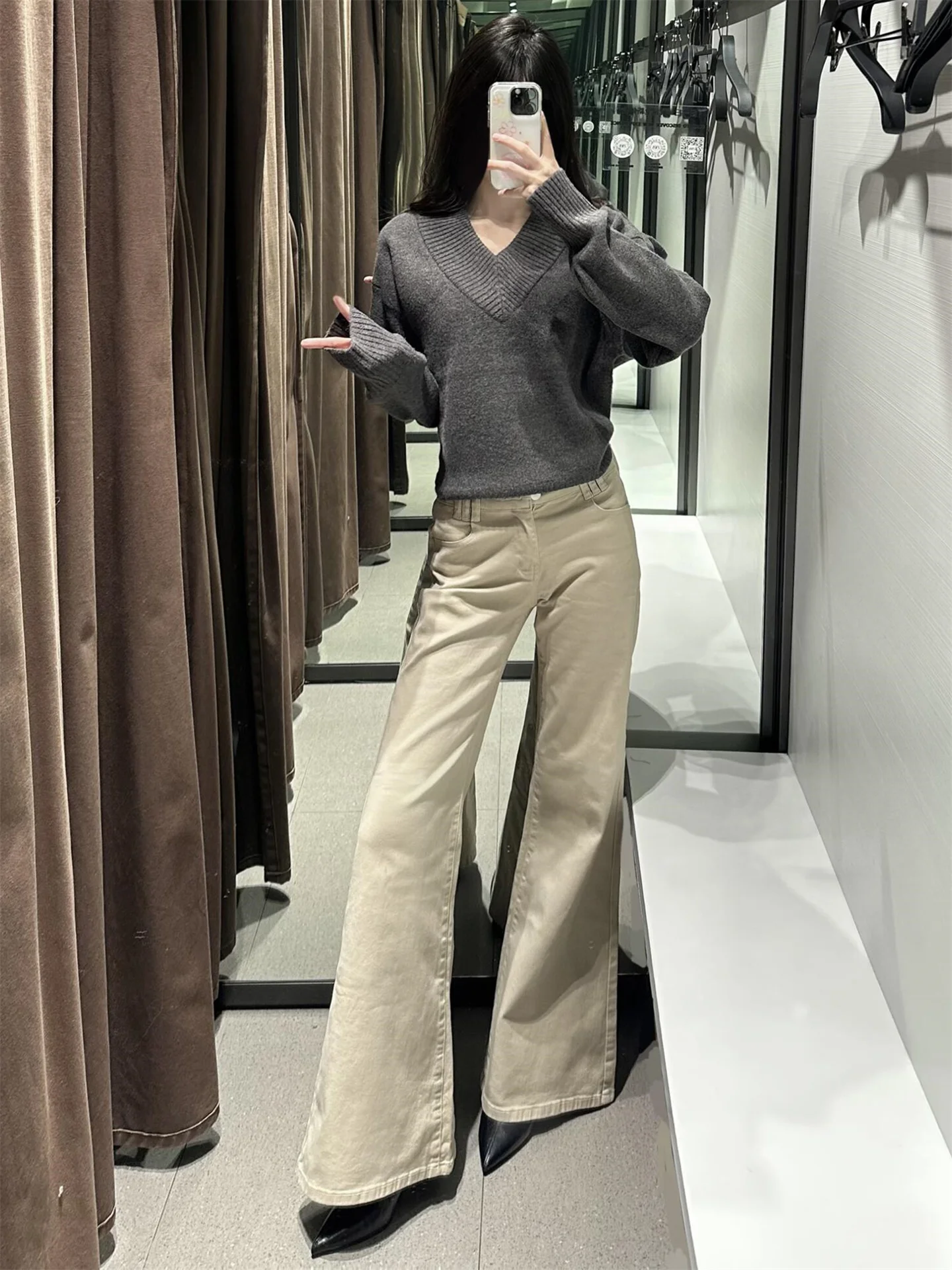 

Khaki Loose Lengthened Low-Waist Bell Bottom Jeans Women's Casual Spring Fashion plus Size High Waist Design Floor-Length Pants