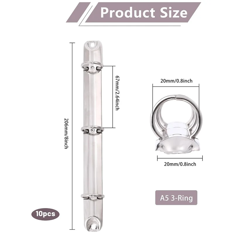 10Pcs A5 โน้ตบุ๊ค 3-Ring Binder กลไกตัวอักษรขนาดหลุม 20 มม.โลหะหลวม Leaf Binders กระดูกสันหลัง-หวี