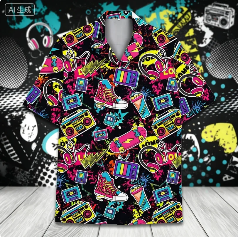 Retro 80s Pop Art Hawaiian Shirt 2026 Neon Cassette Skateboard Headphone Shirt, Vintage 90s Party Button-Up Summer Unisex Shirts