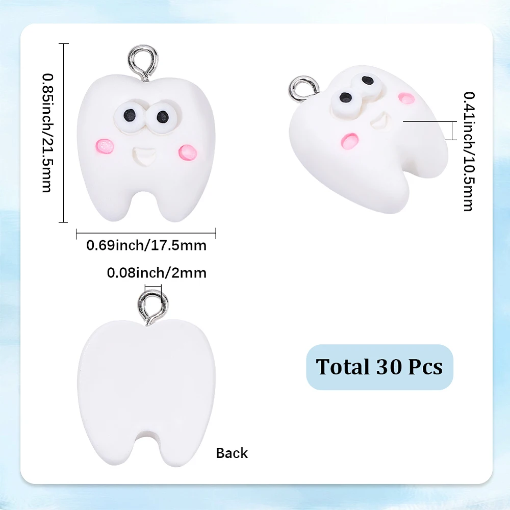 1 Box 30Pcs Resin Teeth Charms White Tooth Charms with Metal Loop Realistic Mini Cute Teeth Shaped Pendants for Jewelry Making