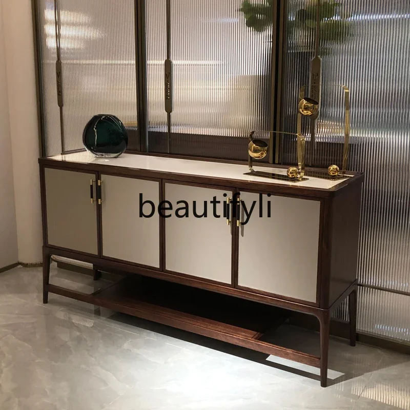 New Chinese side cabinet, black gold pure solid wood light luxury four doors 1.6 meters entrance cabinet cupboard